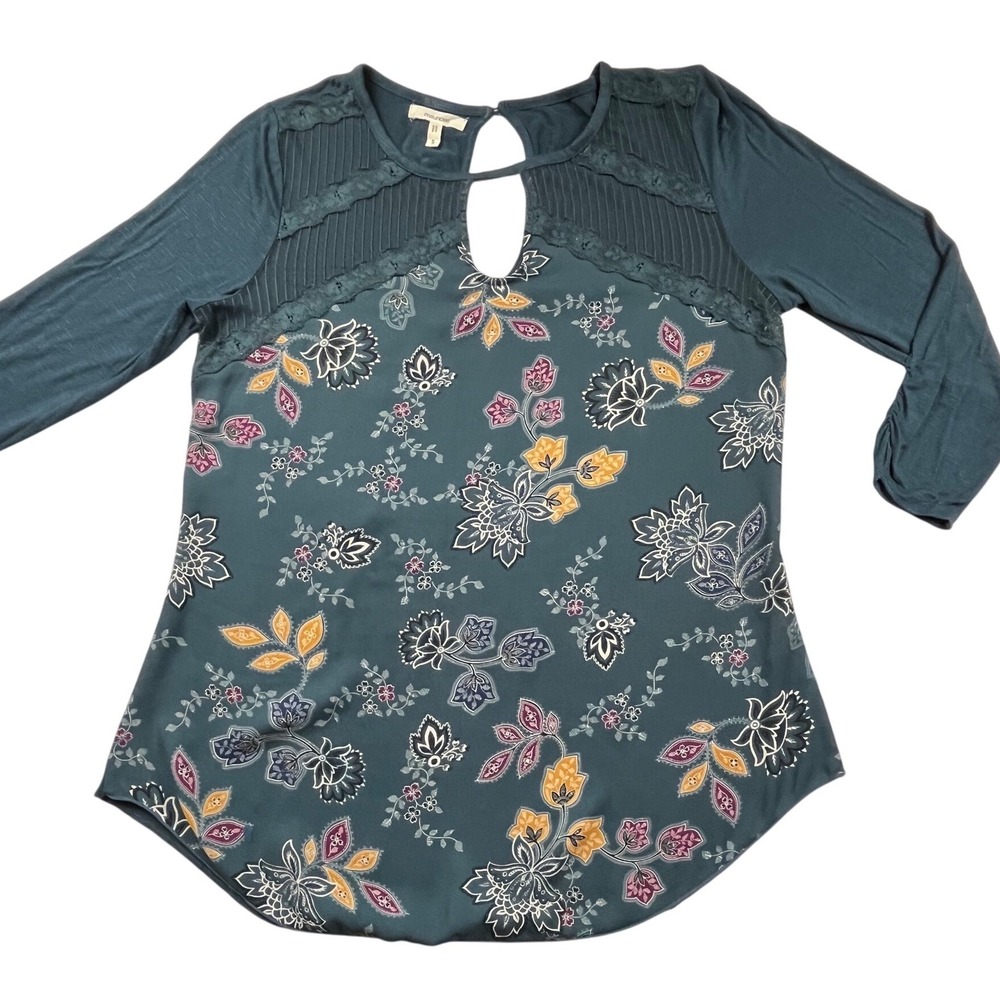 Maurices Womens Teal Floral Lace‎ Keyhole Mixed Media Long Sleeve Top Small